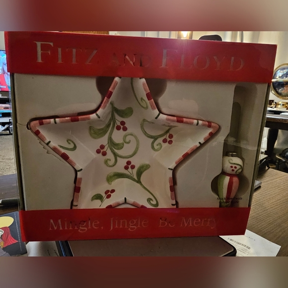 Fitz & Floyd Mingle Jingle Be Merry Snack Bowl W Canape Knife Holiday Dish 2006 - Picture 4 of 5